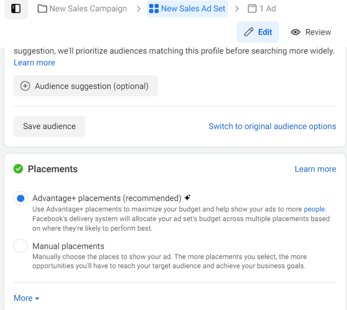 Tampilan setting untuk Advantage+ placement di dashboard facebook ads